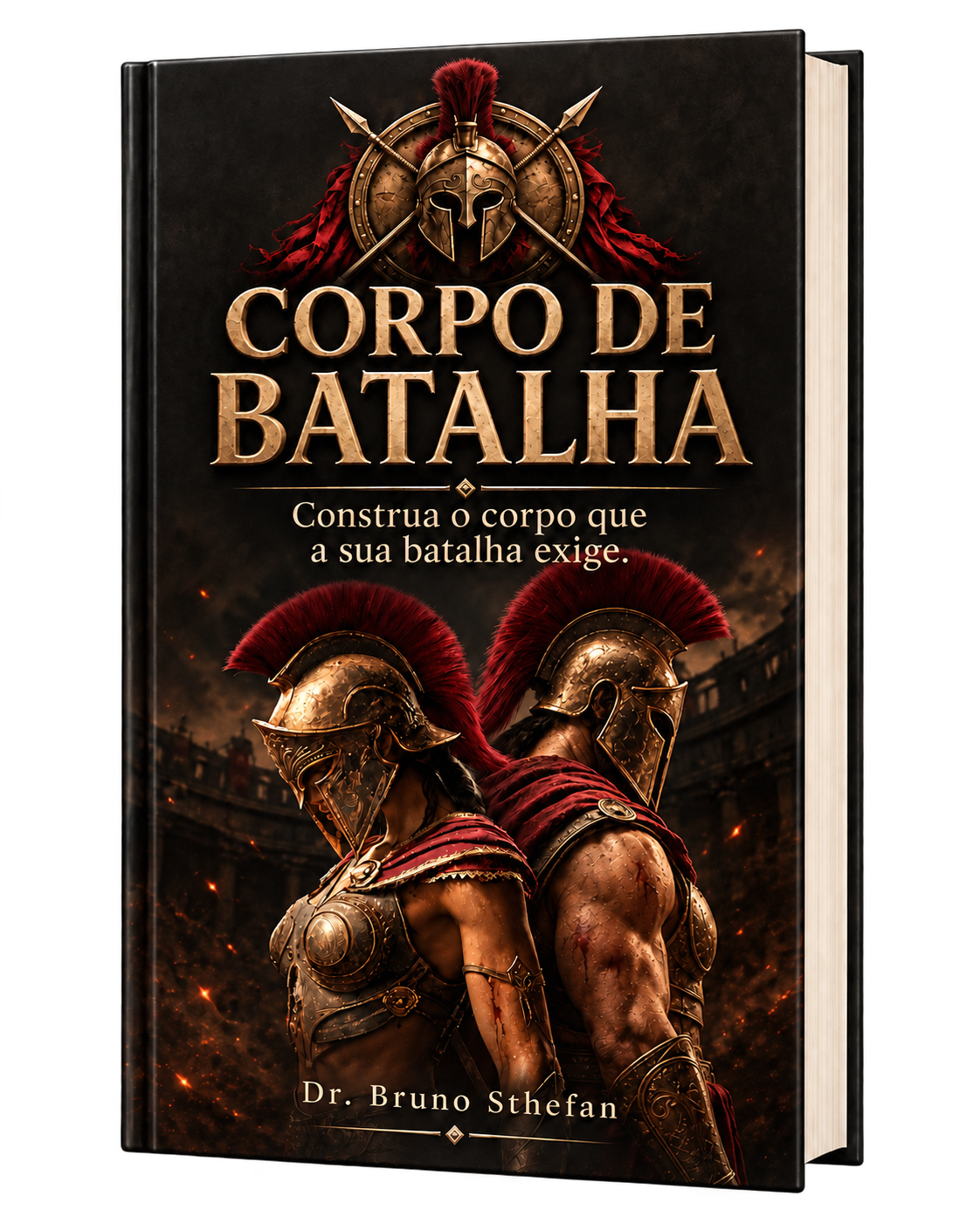 Mockup do livro Corpo de Batalha, de Dr. Bruno Sthefan, com dois espartanos de costas um para o outro